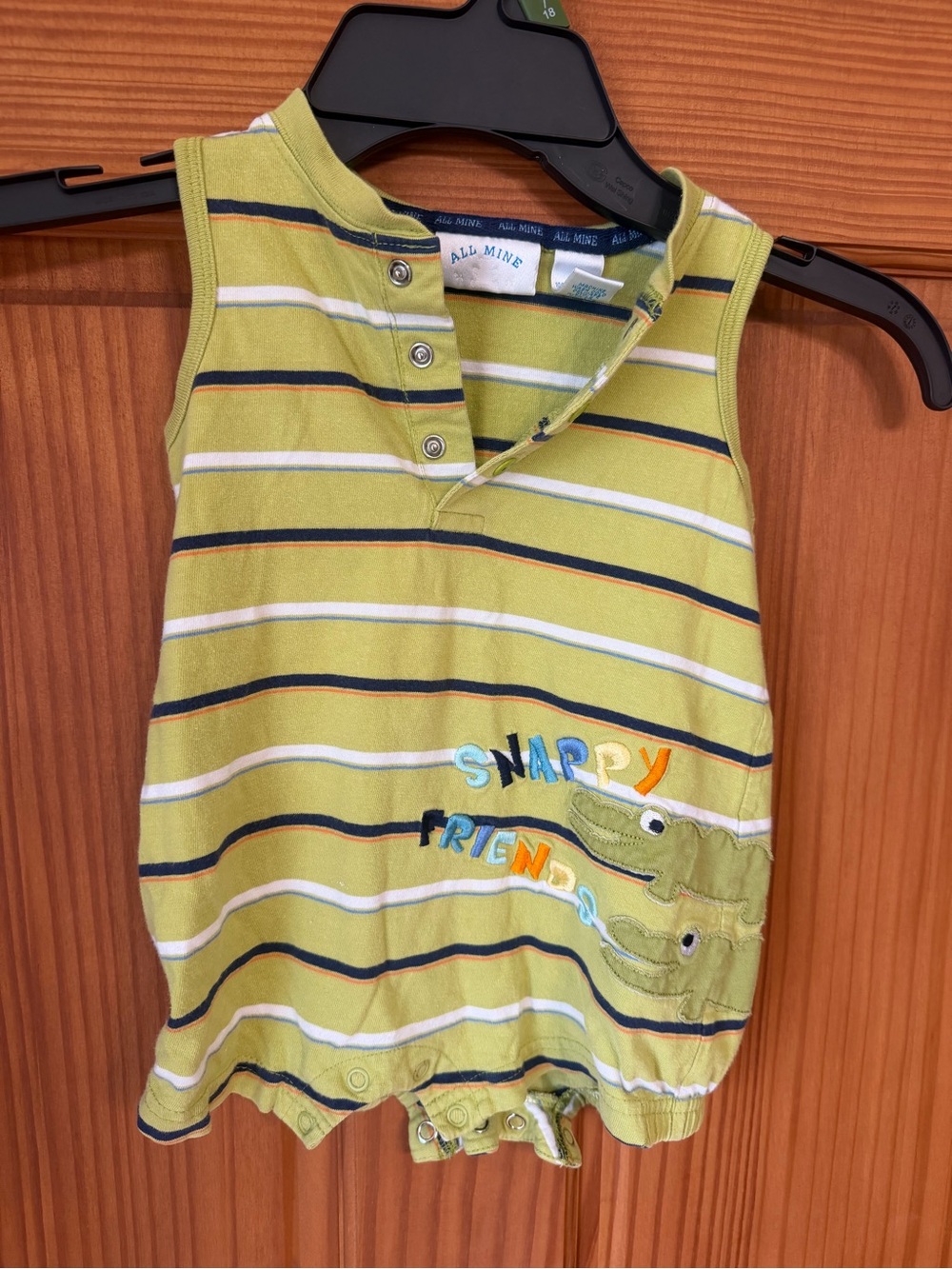 Y2K All Mine Green Alligator Striped Snap-Front Baby Romper 12m